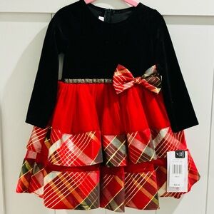 NWT Bonnie Jean Christmas Dress Velvet Plaid Long Sleeve 2T